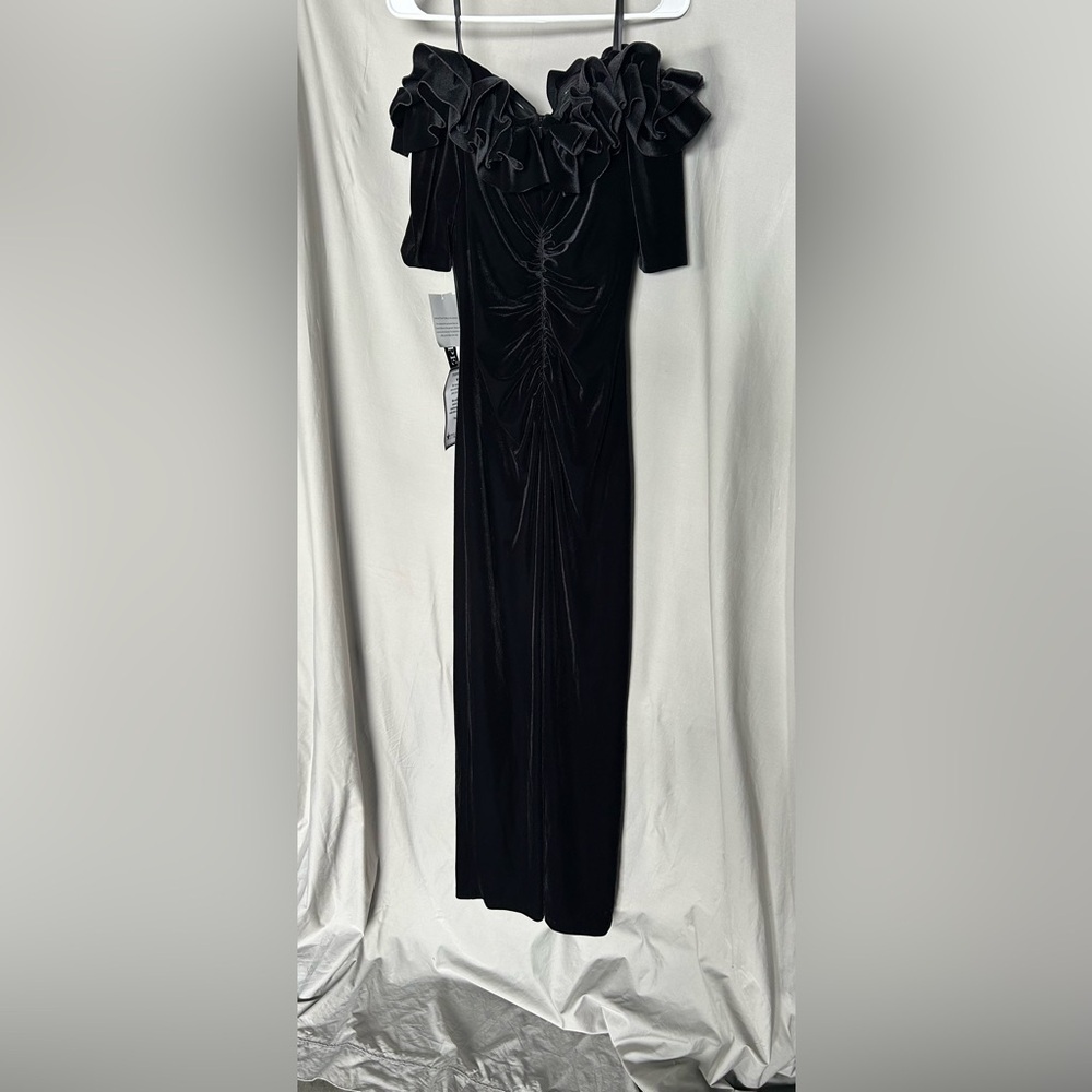 Xscape “TIFFANY" LONG VELVET 3/4 SLEEVE RUFFLE TOP DRESS - Picture 4 of 7